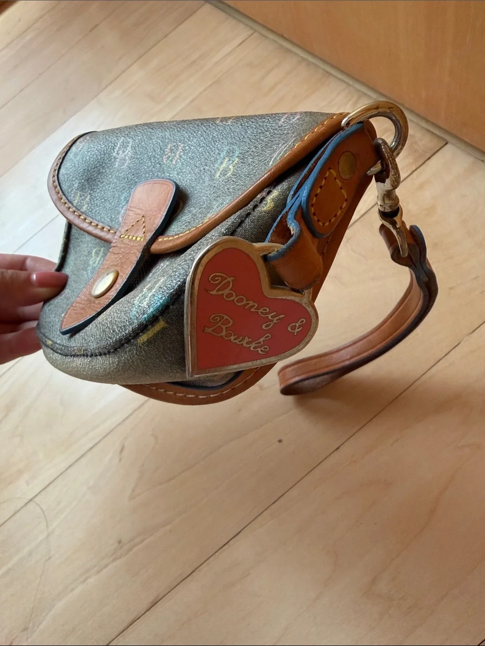 Dooney & Bourke Multicolor Monogram Wristlet with Tan Trim and Blue Strap
